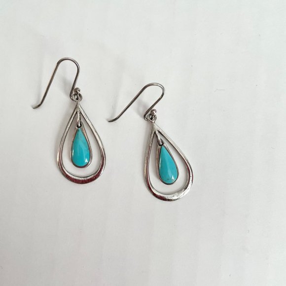 925 Sterling Silver Turquoise Earrings Dangle Drop Teardrop Signed SX Sally C - Picture 5 of 8